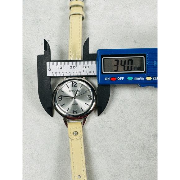 Chicos Watch Round 34mm Silver Tone Skinny Cream Leather Band Quartz New Battery - Picture 5 of 7